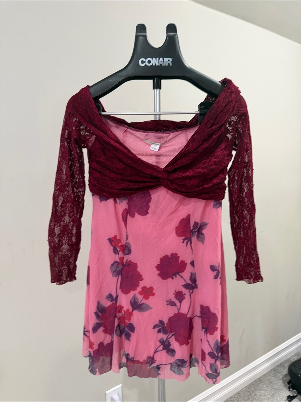 Floral Pink Dress with Burgundy Lace Bolero